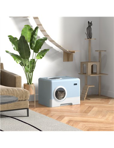 PawHut Enclosed Cat Litter Box, with Lid, Front Entry, Top Exit, Pull-Out Tray, Scoop - Blue