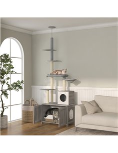 PawHut 2-in-1 Floor-To-Ceiling Cat Tree with Hidden Litter Box, for Indoor Use - Grey 2