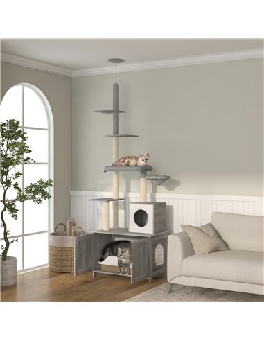 PawHut 2-in-1 Floor-To-Ceiling Cat Tree with Hidden Litter Box, for Indoor Use - Grey