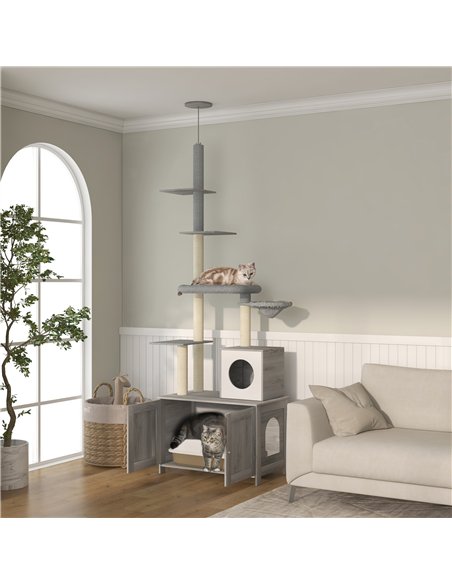 PawHut 2-in-1 Floor-To-Ceiling Cat Tree with Hidden Litter Box, for Indoor Use - Grey - pic 148620 | FastDaddyshop