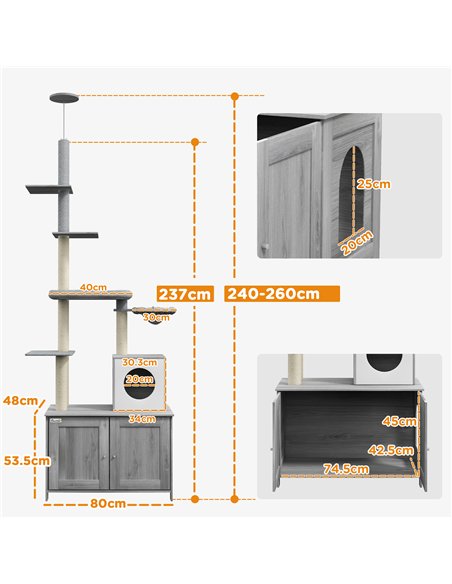 PawHut 2-in-1 Floor-To-Ceiling Cat Tree with Hidden Litter Box, for Indoor Use - Grey - pic 148621 | FastDaddyshop