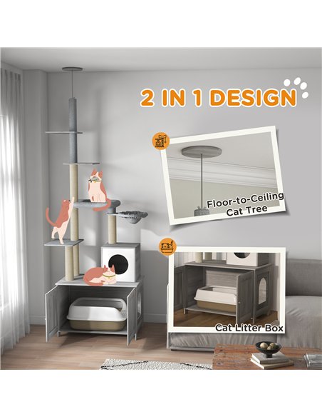 PawHut 2-in-1 Floor-To-Ceiling Cat Tree with Hidden Litter Box, for Indoor Use - Grey - pic 148622 | FastDaddyshop