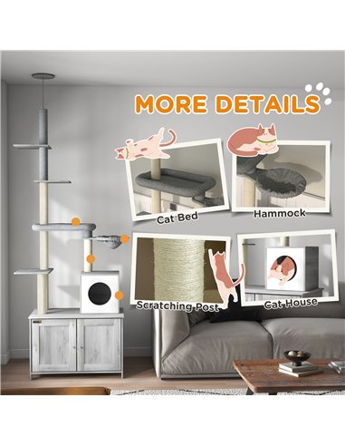 PawHut 2-in-1 Floor-To-Ceiling Cat Tree with Hidden Litter Box, for Indoor Use - Grey