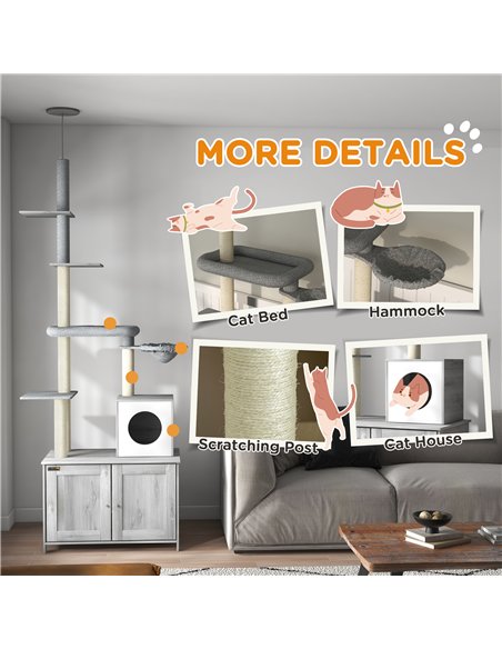 PawHut 2-in-1 Floor-To-Ceiling Cat Tree with Hidden Litter Box, for Indoor Use - Grey - pic 148623 | FastDaddyshop