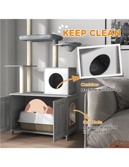 PawHut 2-in-1 Floor-To-Ceiling Cat Tree with Hidden Litter Box, for Indoor Use - Grey - pic 148624 | FastDaddyshop