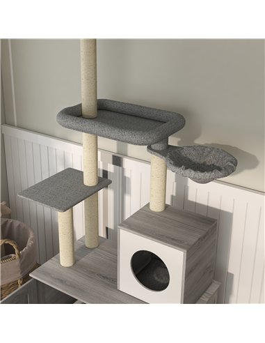 PawHut 2-in-1 Floor-To-Ceiling Cat Tree with Hidden Litter Box, for Indoor Use - Grey