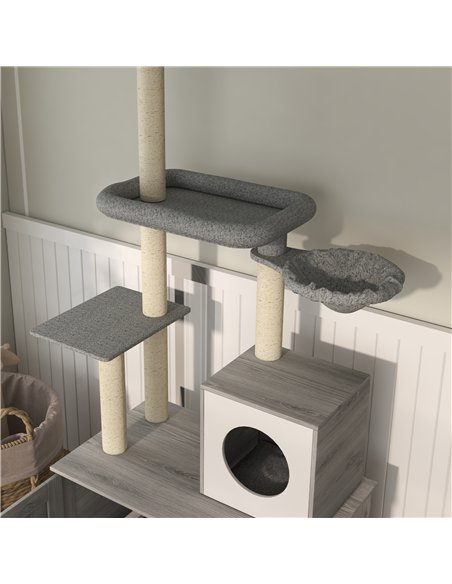 PawHut 2-in-1 Floor-To-Ceiling Cat Tree with Hidden Litter Box, for Indoor Use - Grey - pic 148626 | FastDaddyshop