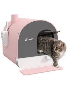 PawHut Hooded Cat Litter Box, Kitten Litter Tray, with Lid, Scoop, Filter, Flap Door, Pink