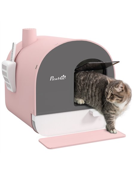 PawHut Hooded Cat Litter Box, Kitten Litter Tray, with Lid, Scoop, Filter, Flap Door, Pink - pic 148628 | FastDaddyshop