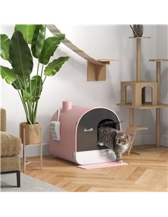 PawHut Hooded Cat Litter Box, Kitten Litter Tray, with Lid, Scoop, Filter, Flap Door, Pink 2
