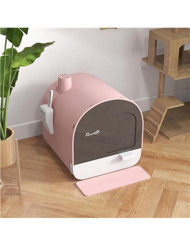 PawHut Hooded Cat Litter Box, Kitten Litter Tray, with Lid, Scoop, Filter, Flap Door, Pink