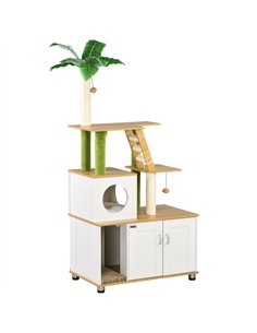 PawHut 2-in-1 Hidden Cat Litter Box, Green Leaf Cat Tree, with House, Ladder, Scratching Posts, Platforms, Indoors -Oak