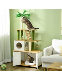 PawHut 2-in-1 Hidden Cat Litter Box, Green Leaf Cat Tree, with House, Ladder, Scratching Posts, Platforms, Indoors -Oak 2