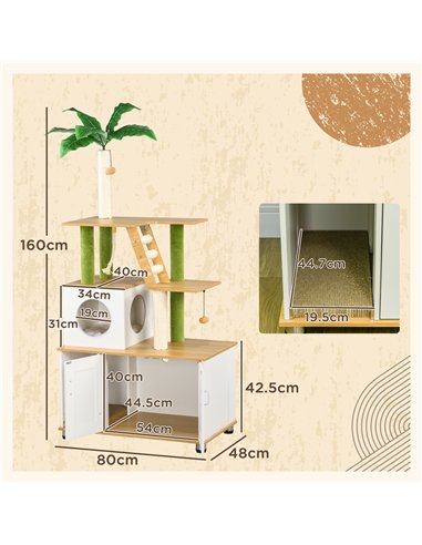 PawHut 2-in-1 Hidden Cat Litter Box, Green Leaf Cat Tree, with House, Ladder, Scratching Posts, Platforms, Indoors -Oak