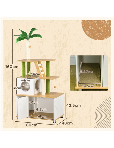 PawHut 2-in-1 Hidden Cat Litter Box, Green Leaf Cat Tree, with House, Ladder, Scratching Posts, Platforms, Indoors -Oak - pic 148639 | FastDaddyshop
