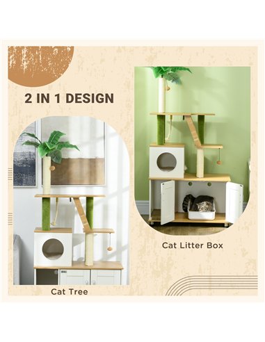 PawHut 2-in-1 Hidden Cat Litter Box, Green Leaf Cat Tree, with House, Ladder, Scratching Posts, Platforms, Indoors -Oak