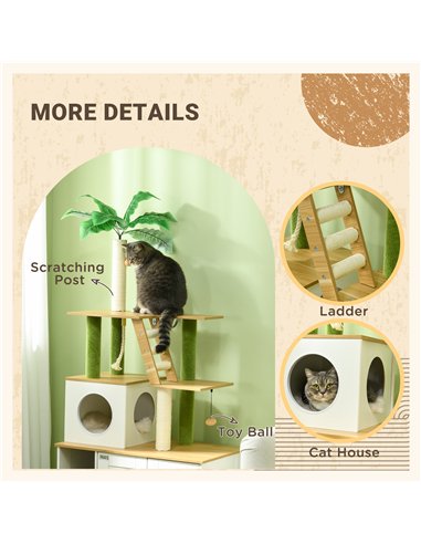 PawHut 2-in-1 Hidden Cat Litter Box, Green Leaf Cat Tree, with House, Ladder, Scratching Posts, Platforms, Indoors -Oak