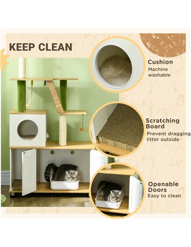 PawHut 2-in-1 Hidden Cat Litter Box, Green Leaf Cat Tree, with House, Ladder, Scratching Posts, Platforms, Indoors -Oak