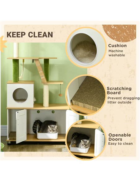 PawHut 2-in-1 Hidden Cat Litter Box, Green Leaf Cat Tree, with House, Ladder, Scratching Posts, Platforms, Indoors -Oak - pic 148642 | FastDaddyshop