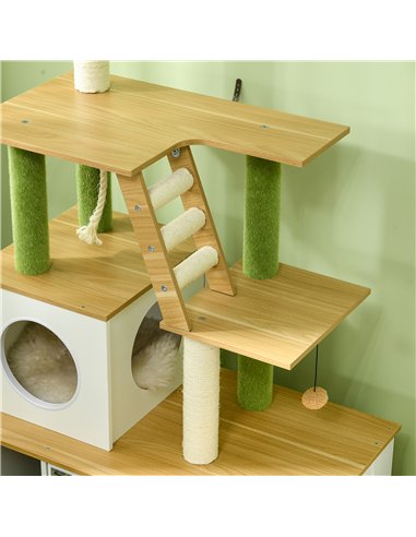 PawHut 2-in-1 Hidden Cat Litter Box, Green Leaf Cat Tree, with House, Ladder, Scratching Posts, Platforms, Indoors -Oak