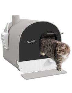PawHut Hooded Cat Litter Box, Kitten Litter Tray, with Lid, Scoop, Filter, Flap Door, Light Grey