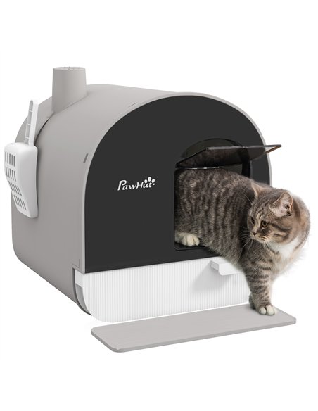 PawHut Hooded Cat Litter Box, Kitten Litter Tray, with Lid, Scoop, Filter, Flap Door, Light Grey - pic 148646 | FastDaddyshop