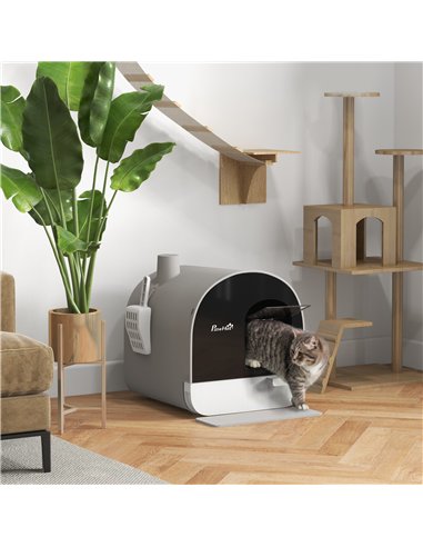 PawHut Hooded Cat Litter Box, Kitten Litter Tray, with Lid, Scoop, Filter, Flap Door, Light Grey