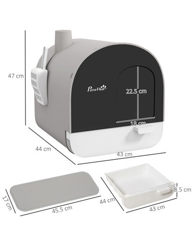 PawHut Hooded Cat Litter Box, Kitten Litter Tray, with Lid, Scoop, Filter, Flap Door, Light Grey