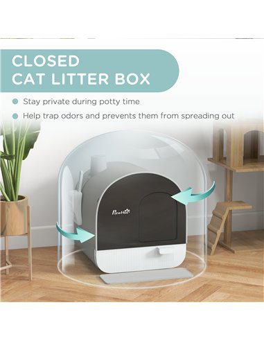 PawHut Hooded Cat Litter Box, Kitten Litter Tray, with Lid, Scoop, Filter, Flap Door, Light Grey