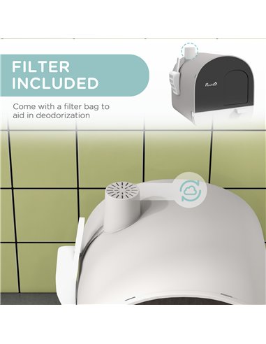 PawHut Hooded Cat Litter Box, Kitten Litter Tray, with Lid, Scoop, Filter, Flap Door, Light Grey