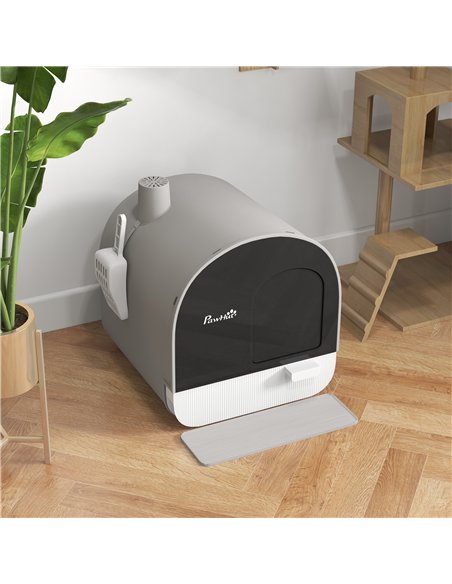 PawHut Hooded Cat Litter Box, Kitten Litter Tray, with Lid, Scoop, Filter, Flap Door, Light Grey - pic 148654 | FastDaddyshop