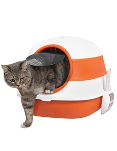 PawHut Foldable Cat Litter Tray with Lid, Deodorant, Scoop, Orange