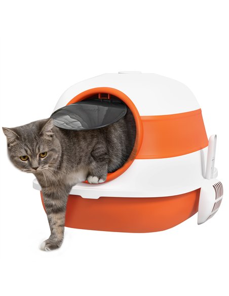 PawHut Foldable Cat Litter Tray with Lid, Deodorant, Scoop, Orange - pic 148664 | FastDaddyshop