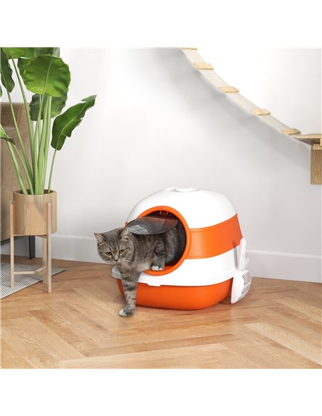 PawHut Foldable Cat Litter Tray with Lid, Deodorant, Scoop, Orange - pic 148665 | FastDaddyshop