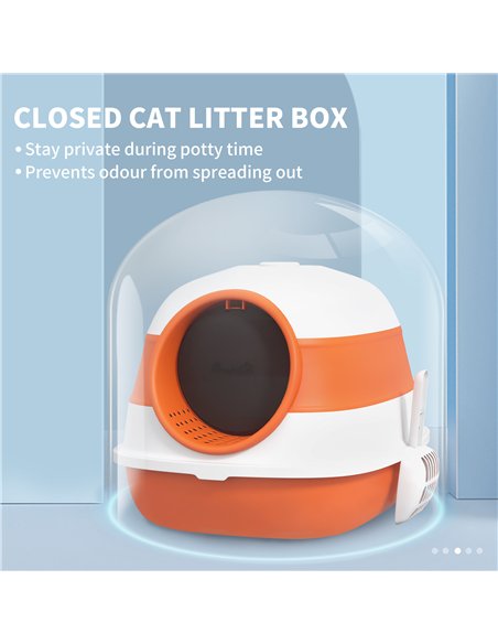 PawHut Foldable Cat Litter Tray with Lid, Deodorant, Scoop, Orange - pic 148669 | FastDaddyshop