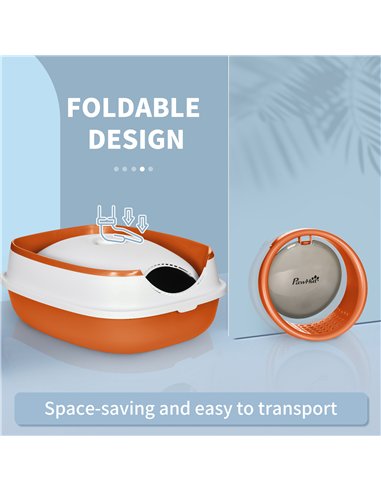 PawHut Foldable Cat Litter Tray with Lid, Deodorant, Scoop, Orange
