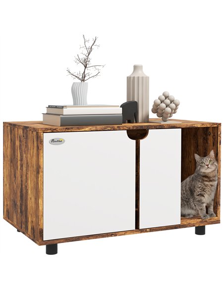 PawHut Hidden Cat Litter Box Furniture, with Sand Drain Pad - Rustic Brown - pic 148673 | FastDaddyshop