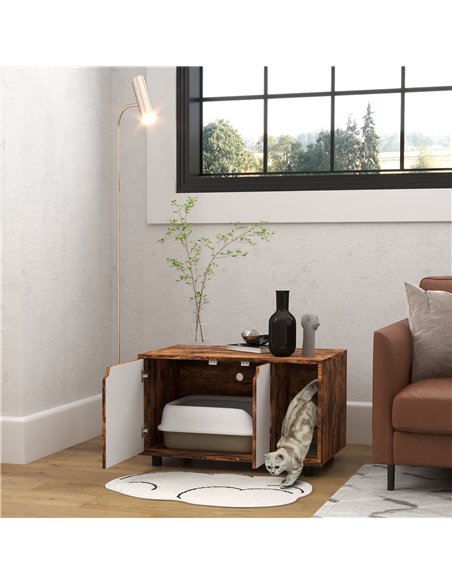 PawHut Hidden Cat Litter Box Furniture, with Sand Drain Pad - Rustic Brown - pic 148674 | FastDaddyshop