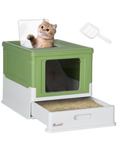 PawHut Hooded Cat Litter Box, Portable Pet Toilet, with Scoop, Front Entry - Light Green