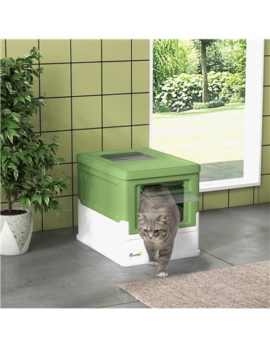 PawHut Hooded Cat Litter Box, Portable Pet Toilet, with Scoop, Front Entry - Light Green