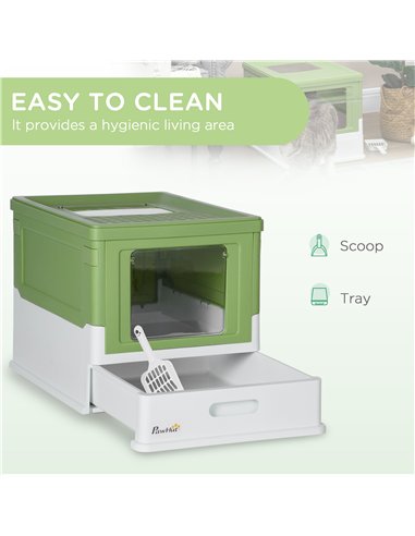 PawHut Hooded Cat Litter Box, Portable Pet Toilet, with Scoop, Front Entry - Light Green