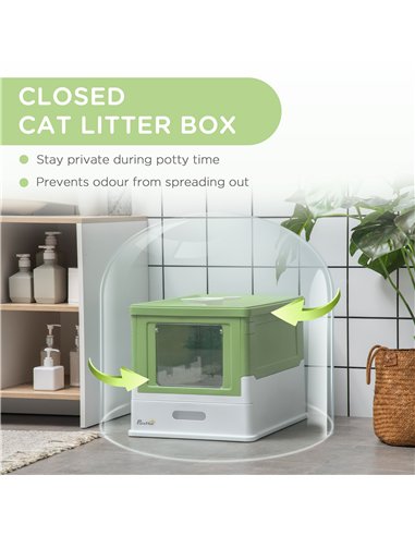 PawHut Hooded Cat Litter Box, Portable Pet Toilet, with Scoop, Front Entry - Light Green
