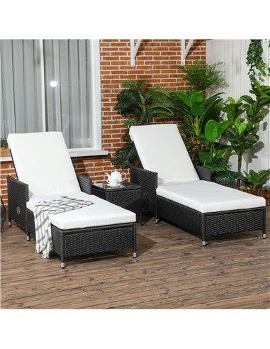 Outsunny 3-Pieces Rattan Sun Lounger Set with Soft Cushions, Glass Top Table, Cream White