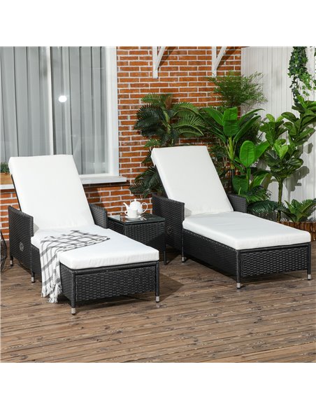 Outsunny 3-Pieces Rattan Sun Lounger Set with Soft Cushions, Glass Top Table, Cream White - pic 14869 | FastDaddyshop