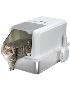 PawHut Stainless Steel Cat Litter Box with Removable Lid, Scoop, Filter Bags, for Larger Cats, White