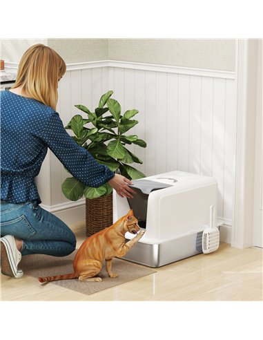 PawHut Stainless Steel Cat Litter Box with Removable Lid, Scoop, Filter Bags, for Larger Cats, White