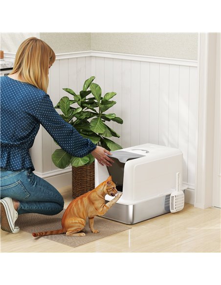 PawHut Stainless Steel Cat Litter Box with Removable Lid, Scoop, Filter Bags, for Larger Cats, White - pic 148692 | FastDaddyshop