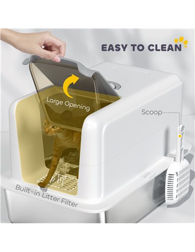 PawHut Stainless Steel Cat Litter Box with Removable Lid, Scoop, Filter Bags, for Larger Cats, White