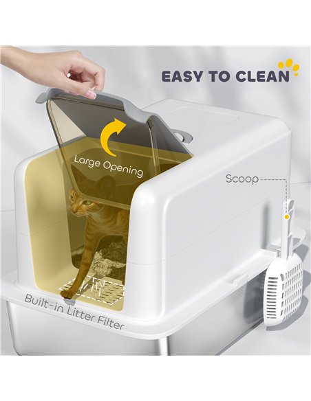PawHut Stainless Steel Cat Litter Box with Removable Lid, Scoop, Filter Bags, for Larger Cats, White - pic 148695 | FastDaddyshop