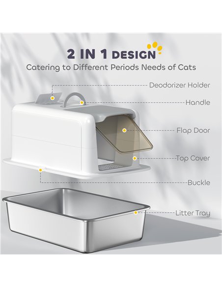 PawHut Stainless Steel Cat Litter Box with Removable Lid, Scoop, Filter Bags, for Larger Cats, White - pic 148696 | FastDaddyshop